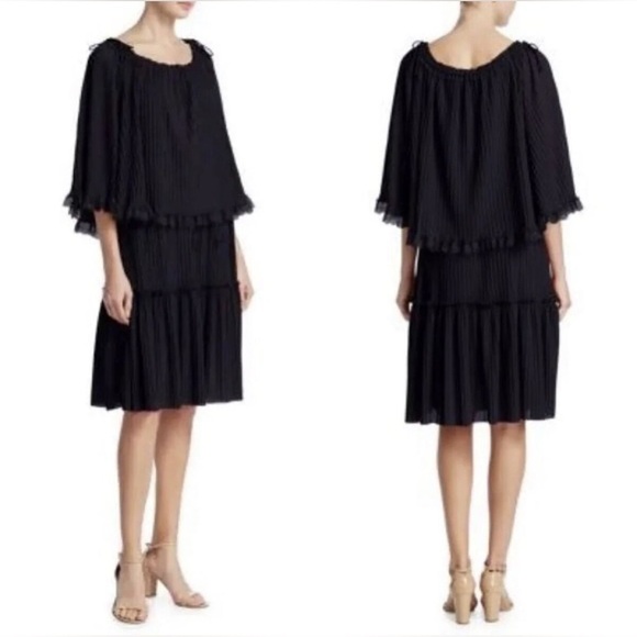 See by Chloe Tiered Plisse Self-Tie Shift Dress Navy Small - Picture 2 of 15